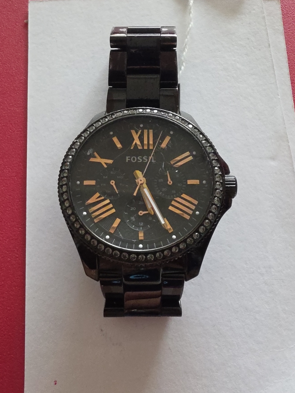 Fossil Men's Black Watch with Rose Gold Accents and Crystal Bezel